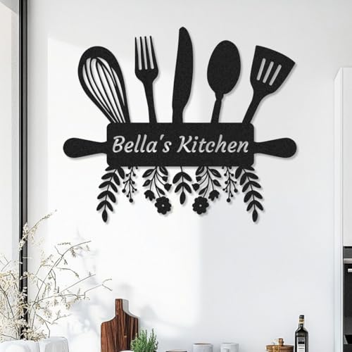 Custom Kitchen Name Sign, Personalized Flowers Kitchen Wall Decor Sign Mothers Day Gift, 8-24 Inches, Customized Kitchen Decorative Metal Wall Art Last Name Sign Home Decor Plaque