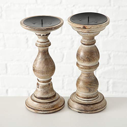 Rustic Stockbridge Wooden Candle Holders, Set Of 2, Spiked Metal Top, Rounded Turned Columns, Sustainable Mango, Distressed With Vintage Style White Wash, 9 H X #TOP4
