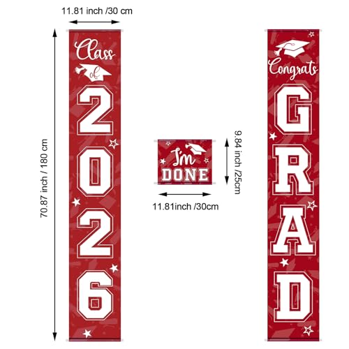 Image of Moukeren 3 Pieces 2026 Graduation Party Decorations Graduation Porch Sign Class of 2026 Grad Hanging Porch Banner Backdrop Door Sign for Grad Party Home Door Wall Decor(Red)