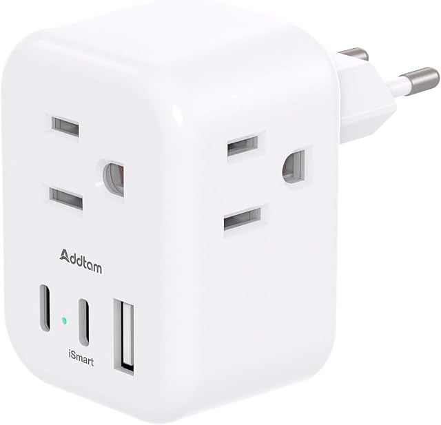 European Travel Plug Adapter, International Power Plug Adapter with 3 Outlets 3 USB Charging Ports(1 USB C), Travel Essentials to Italy,Greece,Israel,France, Spain (Type C)