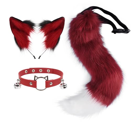 hbbhml Furry Animal Cat Fox Tail Faux Fur Wolf Ears Headband Leather Necklace Costume Set for Party Halloween Cosplay