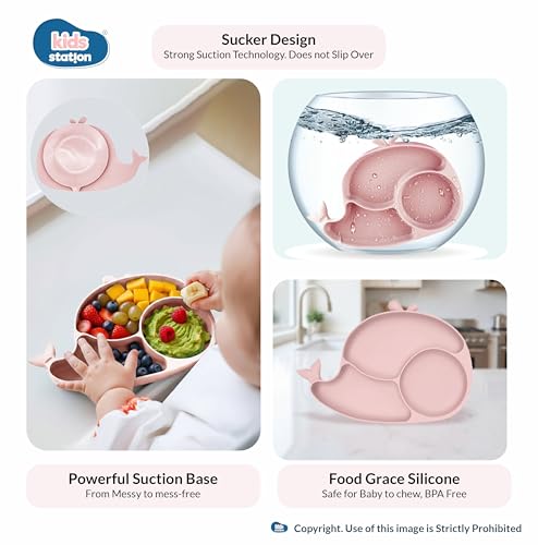 Image of Kids Station Whale Design 8-Piece Silicone Feeding Set for Babies | BPA-Free, Suction Bowl, Plate, Spoon, Fork, Bib, Cup & Straw - Dishwasher Safe | Ideal for Infants & Toddlers (Pack of 8, Pink)
