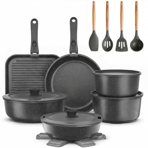 YASHE Batería de Cocina de Granito Antiadherente de 21 Piezas con Mango Extraíble, Juego de Sartenes y Ollas, Aptos para Inducción y Horno, Ahorro de Espacio Apilable