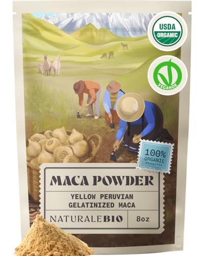 NaturaleBio Maca Powder Organic 8 oz. Peruvian Natural and Pure from Organic Maca Root. Vegetarian and Vegan Friendly - Gelatinized. Gelatinized for Enhanced Bioavailability. Ideal for Smoothie.