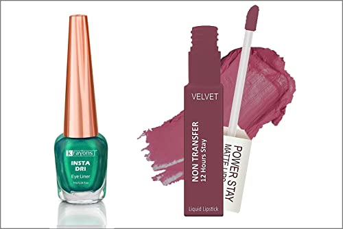 Image of Krayons Insta Dri Sparkling Eyeliner, Green, 7ml And Power Stay Nontransfer 12hrs Stay Matte Liquid Lipstick, Mauve Glaze, 4ml