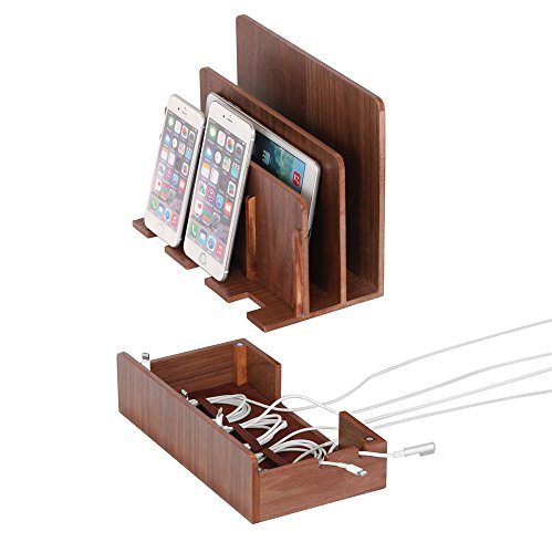 G.U.S. Multi-Device Charging Station Dock & Organizer - Multiple Finishes Available. for Laptops, Tablets, and Phones - Strong Build, Walnut with 4-Port USB Power Strip