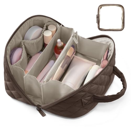 LOVEVOOK Travel Makeup Bag for Women, 2Pcs Puffer Waterproof Cosmetic Organizer, Large Capacity Pouch Open Flat Small Toiletry Bag with Brush Compartment & Handle, Portable Gift for Her