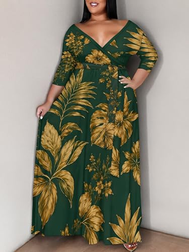 Image of PinkPatty Women's Plus Size Maxi Dress Print 3 /4 Sleeves V Neck Party Sundress Wedding Guest Dresses