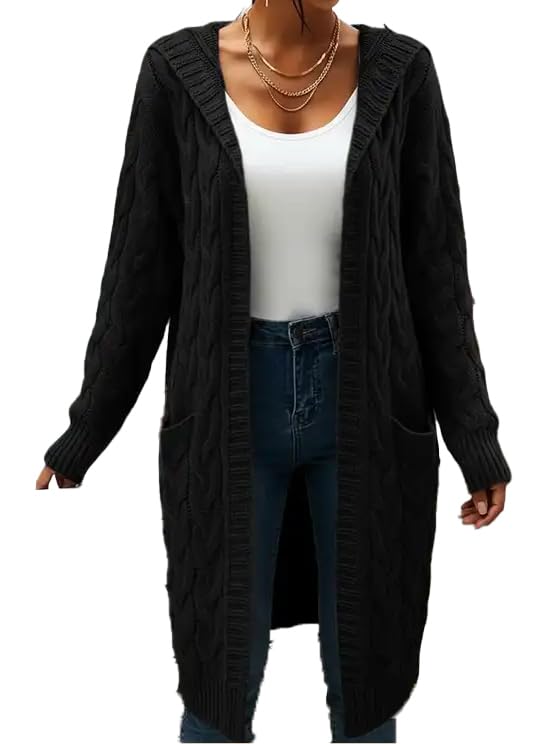 Womens Long Cable Knit Cardigan Sweater with Pockets Open Front Have Cap
