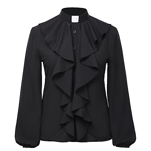 Womens Church Clergy Shirt Tab Collar Elastic Cuff Long Sleeve Lotus Ruffled Blouse Top
