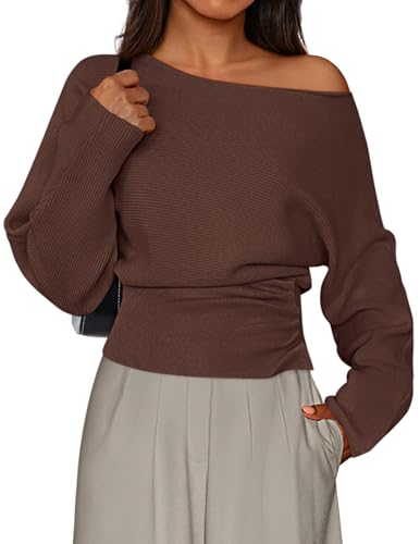 PRETTYGARDEN Women Off The Shoulder Sweater 2026 Fall Trendy Long Batwing Sleeve Knit Pullover Going Out Tops Winter Clothing (Brown,Large)