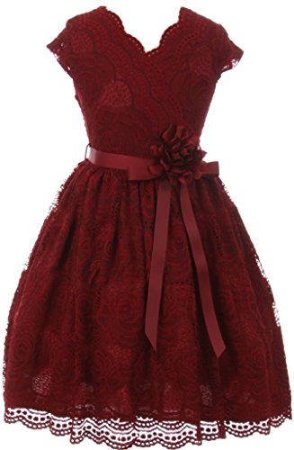 Big-Girl-V-Neck-Floral-Lace-Party-Birthday-Flower-Girl-Dress-Burgundy-10-J20KS66