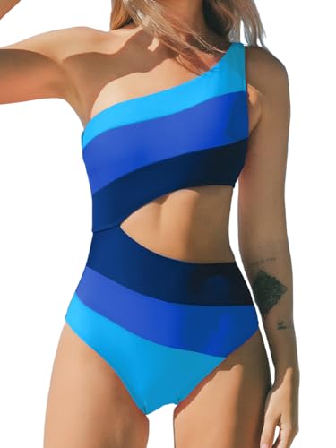 Image of CUPSHE Women One Piece Swimsuit One Shoulder Bathing Suit Cutout Monokini | Removable Soft Cups, Color Block, Classic Bum Coverage, Swim Suit For Beach Vacation Cruise Pool Party