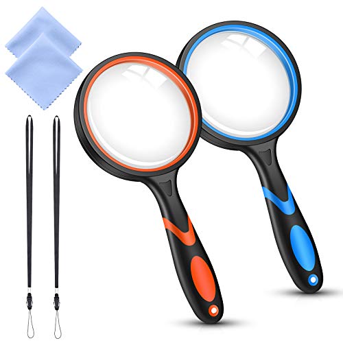 2PCS PHICANT Magnifying Glasses, 4X Large Handheld Reading Magnifying Glass for Kids/Seniors, Lightweight and Shatterproof, Magnifier Glasses with Lanyard and Cleaning Cloth, for Observation