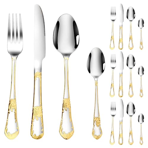 Sunflower Pattern Handle Kitchen Stainless Steel Silverware Tableware Flatware Cutlery Set Steak Knife Fork Spoon Teaspoon (16 pieces)