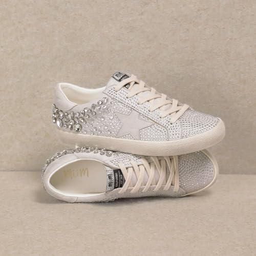 Image of Mi.iM Goldie Women's Vintage-Inspired Lace-Up Sneakers - Rhinestone Star Fashion Sneakers with Distressed Rubber Sole