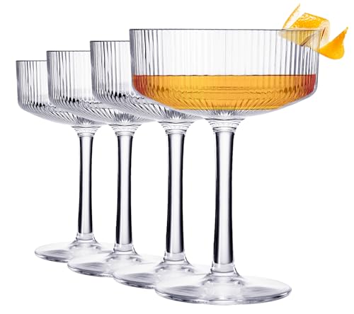 Vintage Art Deco Shatterproof Coupe Martini, Champagne & Cocktail Glasses | Set of 4 | Tritan Acrylic Ribbed Glasses 8 oz Ripple Glassware Classic Cocktail Glassware Indoor & Outdoor, European Design