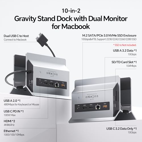 Image of MacBook Docking Station Dual Monitor, Vertical Mac Laptop Docking Station Dock Stand with 2 HDMI 4K@60Hz, USB A /C 10Gbps, PD, Ethernet, USB 2.0, SD /TF, Compatible with MacBook Pro Air M3 M4 M5