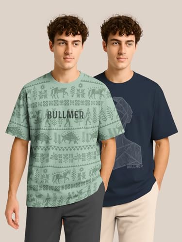 Image of BULLMER Trendy Half Sleeve Oversized Cotton Blend Crew Neck Tshirt for Men - Pack of 2