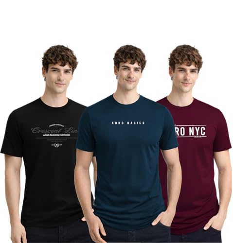 Image of ADRO Mens Printed Cotton T-Shirts Pack of 3 | Regular Fit Graphic Tshirt | Breathable Modern Stylish Casual T Shirt for Travel Gym Daily Lifestyle