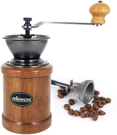 AKIRAKOKI Manual Coffee Grinder Wooden Coffee Bean Mill with Cast Iron Burr, Large Capacity Wood Hand Crank, Portable Adjustable