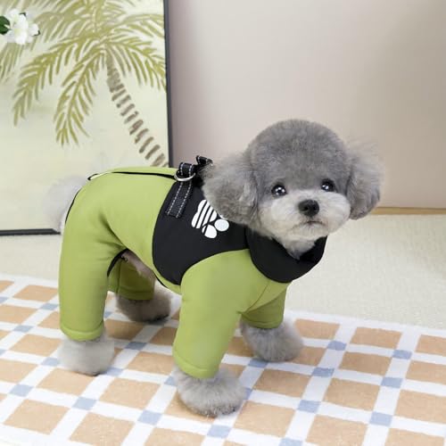 JYIXTN 犬 服 冬 犬服 綿服コート ジャケット ダウンベスト風ジャケット 背中開き ハーネス付き お散歩お出かけ 軽量 四つの足 一体型綿入れを牽引する 厚い 防寒 撥水 防水ジャケット着脱簡単 暖かい ペット服 雪対策 小型犬 (グリーン, M)