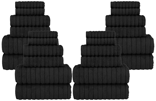 Image of Elegant Comfort 100% Turkish Cotton Corduroy Ribbed Luxury Bath Towels 6-Piece Set, Premium Quick Dry, Highly Absorbent, Contains 2 Bath, 2 Hand, and 2 Washcloths, Black (Pack of 4)