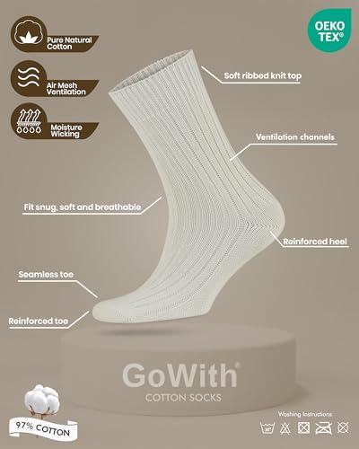 GoWith 4-5 Pairs Unisex Natural 97% Cotton Crew Socks, Pure Cotton Comfy Cozy Breathable Seamless Casual Socks for Men Women