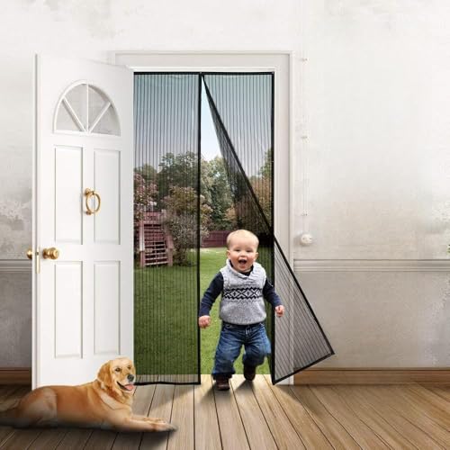 Magnetic Screen Door with Heavy Duty Mesh Curtain and Full Frame Hook&Loop Fits Door Size up to 34"-82" Max- Black