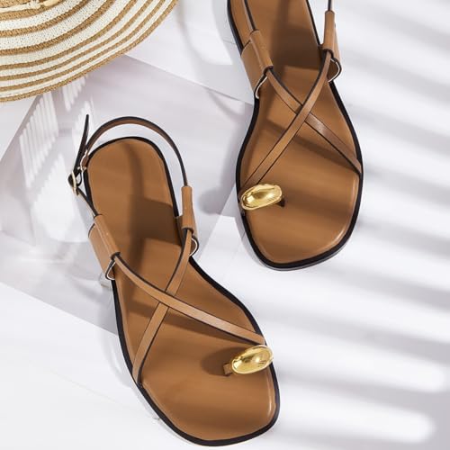 Women's Leather Metal Toe Ring Strappy Flat Sandals Fashion Square Open Toe Clip Toe Comfortable Slip On Slingback Walking Sandals For Summer Beach Leisure Daily4