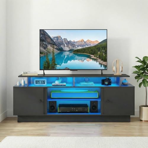 YITAHOME Modern TV Stand for 80 inch TVs, Entertainment Center with LED Lights & Storage Cabinets, TV Console Table with Adjustable Partition for Living Room (Black)