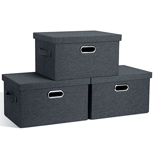 Graciadeco Contenedores de almacenamiento plegables medianos de 15 pulgadas y 21 cuartos de galón con tapas, paquete de 3 cajas plegables de tela gris oscuro, cestas de lino resistentes para