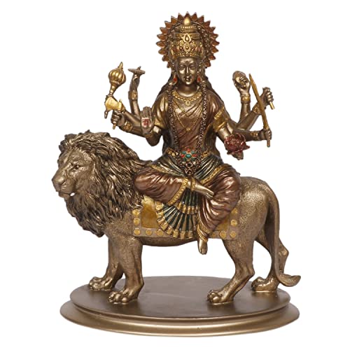 Kartique Resin Maa Durga Idol Sitting On Lion Ma Sherawali Murti Devi Statue for Home Mandir Office Living Room Shop Gift Navratra Puja Height 10 Inch Bronze Color