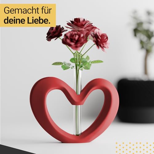 Herz Vase Modern, Recycelter Kunststoff, Minimalistische Tischvase mit Glasröhrchen für Einzelblume, Matt Finish, 18 x 13 cm, Wasserdicht, Valentinstag (Rot) – Bild 2