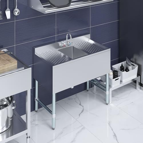 Image of AmGood One Compartment Stainless Steel Under bar Sink (Sink Size: 36 inchx19 inch, Single Bowl + 2 Drainboards)