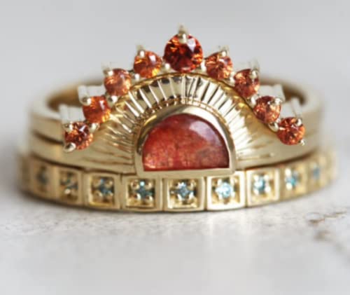 18k Golden Sun Wedding Ring Three Piece Set Fashion Ring Multi Gem Moonstone Women Sun God Ring Size 6-102