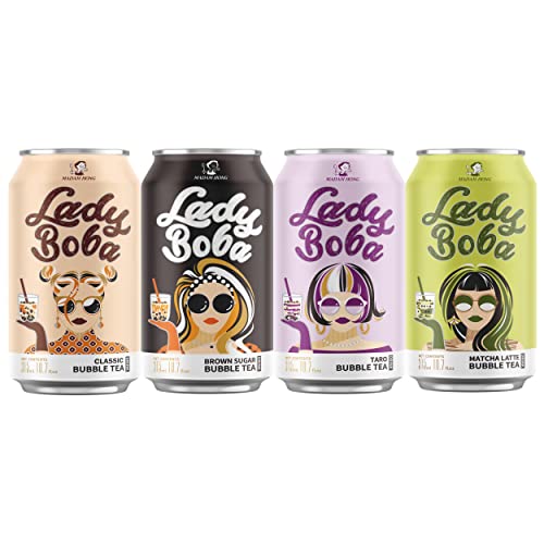 (Pack of 4) Lady Boba 4 Cans. Milk Bubble Tea with Boba Pearls in a Can (10.7oz/can) with Saltation Thank You Card. Choose One from Variety of Flavors: Assorted, Classic, Brown Sugar, Taro, Matcha Latte. Ready To Drink Beverage. (Assorted)