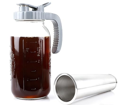 64 OZ Cold Brew Coffee Maker 2 Quart Mason Jar Glass Iced Tea Pitcher With Stainless Steel Filter Half Gallon Pitcher With Spout Lid For Iced Coffee,Tea & Lemonade,Sun Tea Airtight & Leak-Proof