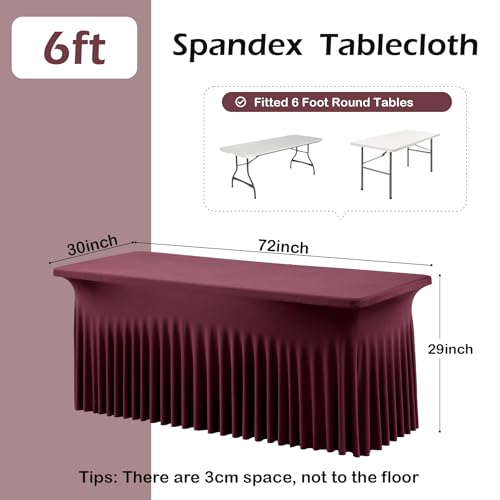 Image of 2 pk Burgundy Spandex Tablecloth 6ft with Ruffled Tables,Wrinkle Free High-Stretch Fitted Table Cloths for 6 Foot Rectangle Tables,Elastic Maroon Spandex Table Covers 6 ft for Weddings Banquet Dinning