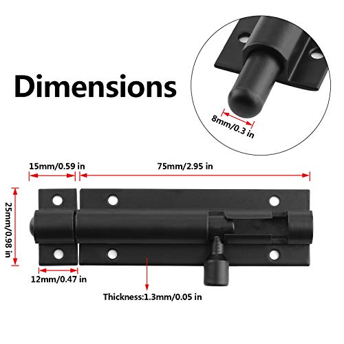 BokWin 2Pcs 3 Inch Door Latch Lock Slide Bolt, Solid Aluminium Thickened 1.3mm Door Barrel Bolts Latches, Security Sliding Latch Lock with 12 Screws (Matte Black Finished) - Thumbnail 2