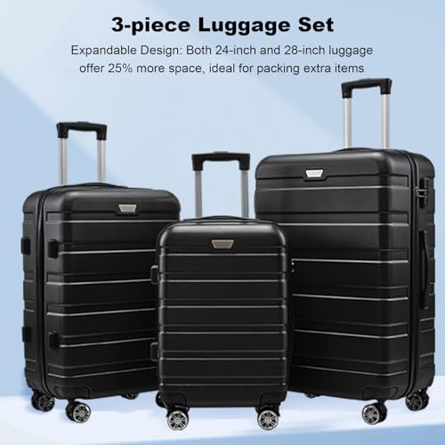 Suitcase Set 3 Piece, 20/24/28 Inch Luggage Suitcase Set, Hard Shell Luggage with Spinner Wheel, TSA Lock Luggage Suitcase (Black)2