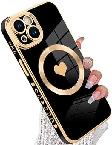 tharlet Designed for iPhone 14 Case Cute Love Luxury Plating Edge Bumper Case [Compatible with Magsafe], Raised Corners Protection with Full Camera Lens Cover for iPhone 14 for Women Girl(Black)