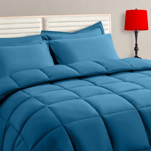 Teal Twin Size Comforter Set - 5 Pieces, Bed in a Bag Bedding Sets with All Season Soft Quilted Warm Fluffy Reversible Comforter,Flat Sheet,Fitted Sheet,1 Pillow Shams,1 Pillowcases