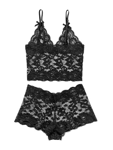 Image of Lilosy Sexy Sheer Floral Lace Pajamas Lingerie Set High Waist Sleepwear Bra and Panty 2 Piece Nightwear