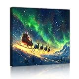 サンタそりキャンバスプリントオーロラボレアリスウォールアートウィンターワンダーランドウォールデコレーションリビングスペースダイニングエリアアパート90x90cmインナーフレーム