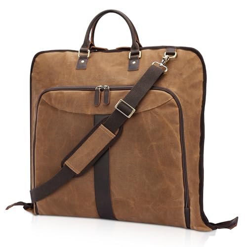 Polare Waxed Canvas Full Grain Leather Trim Garment Carry On Bag for Travel, Foldable Hanging Suitcase Weekender Dust-Proof Garment Waterproof Cover with YKK Zipper and Adjustable Strap