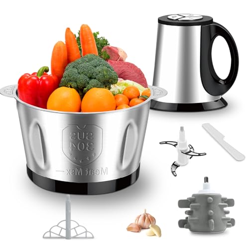 Hachoir Électrique 600W, bol en acier inoxydable 2L 3 vitesse processeur alimentaire pour la viande, les légumes, l'ail, la noix
