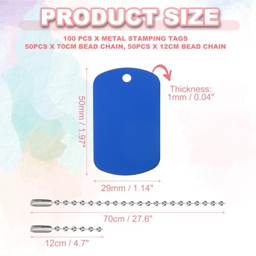 PATIKIL 100 Stück Blanko-Tag Metall-Stanzetiketten, rechteckige Form graviertes Tag Aluminium Haustier-Tags mit Perlenkette Lasergravur Leerzeichen für DIY Handwerk Dekor, Blau