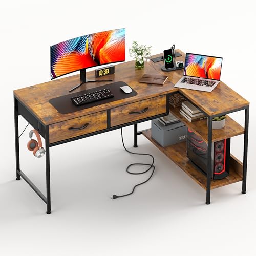 CAIYUN Bureau en L avec Prises électriques, 100 x 60 cm, réversible Table Gaming Petit Bureau d'ordinateur avec 2 tiroirs, Bureau d'angle pour Bureau à...