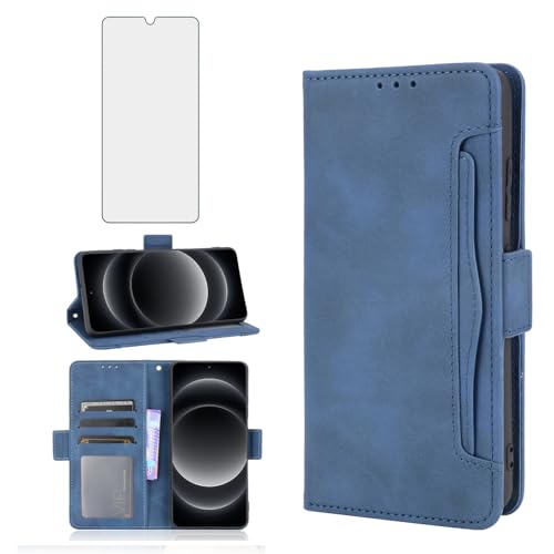 Asuwish Compatible with Xiaomi 14 Ultra 5G Wallet Case and Tempered Glass Screen Protector Card Holder Stand Leather Flip Cell Accessories Phone Cover for Mi 14Ultra Women Men Blue